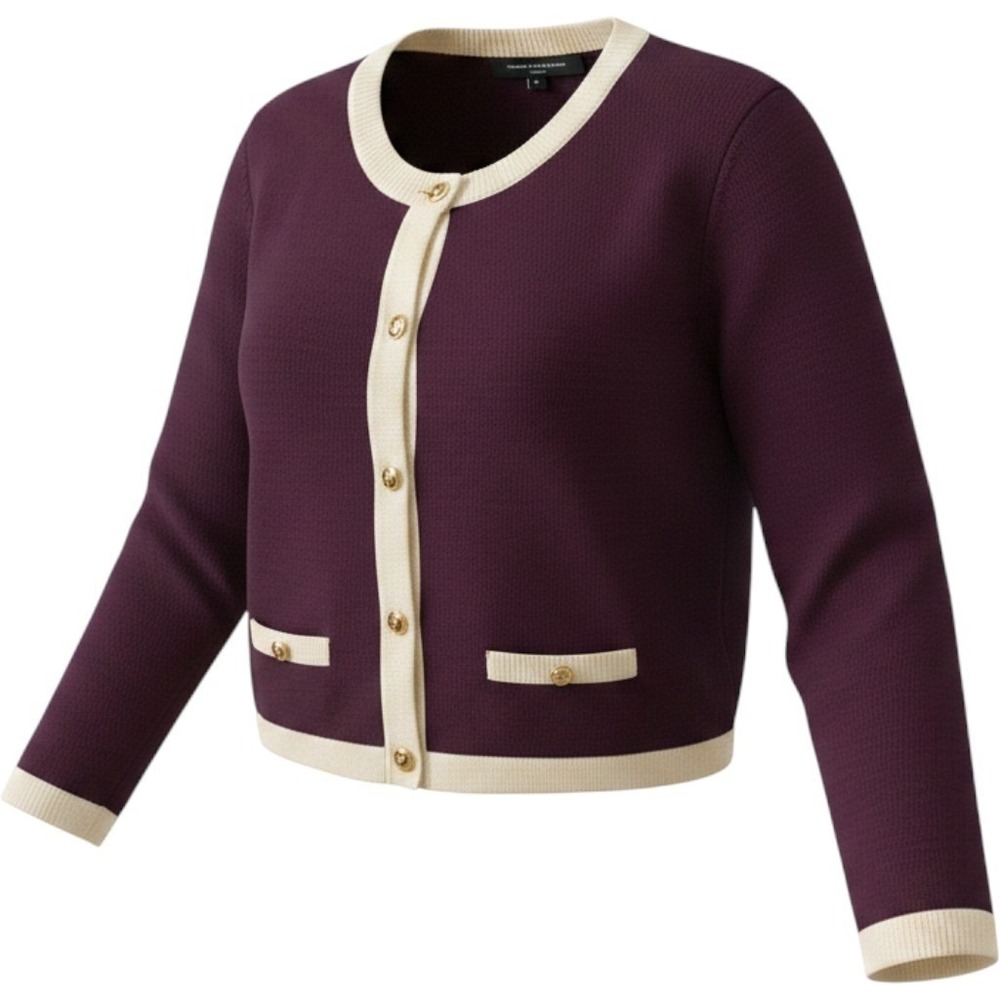 French Connection Cardigan Medium Contrast Trim Cream Gold Button Preppy Jacket